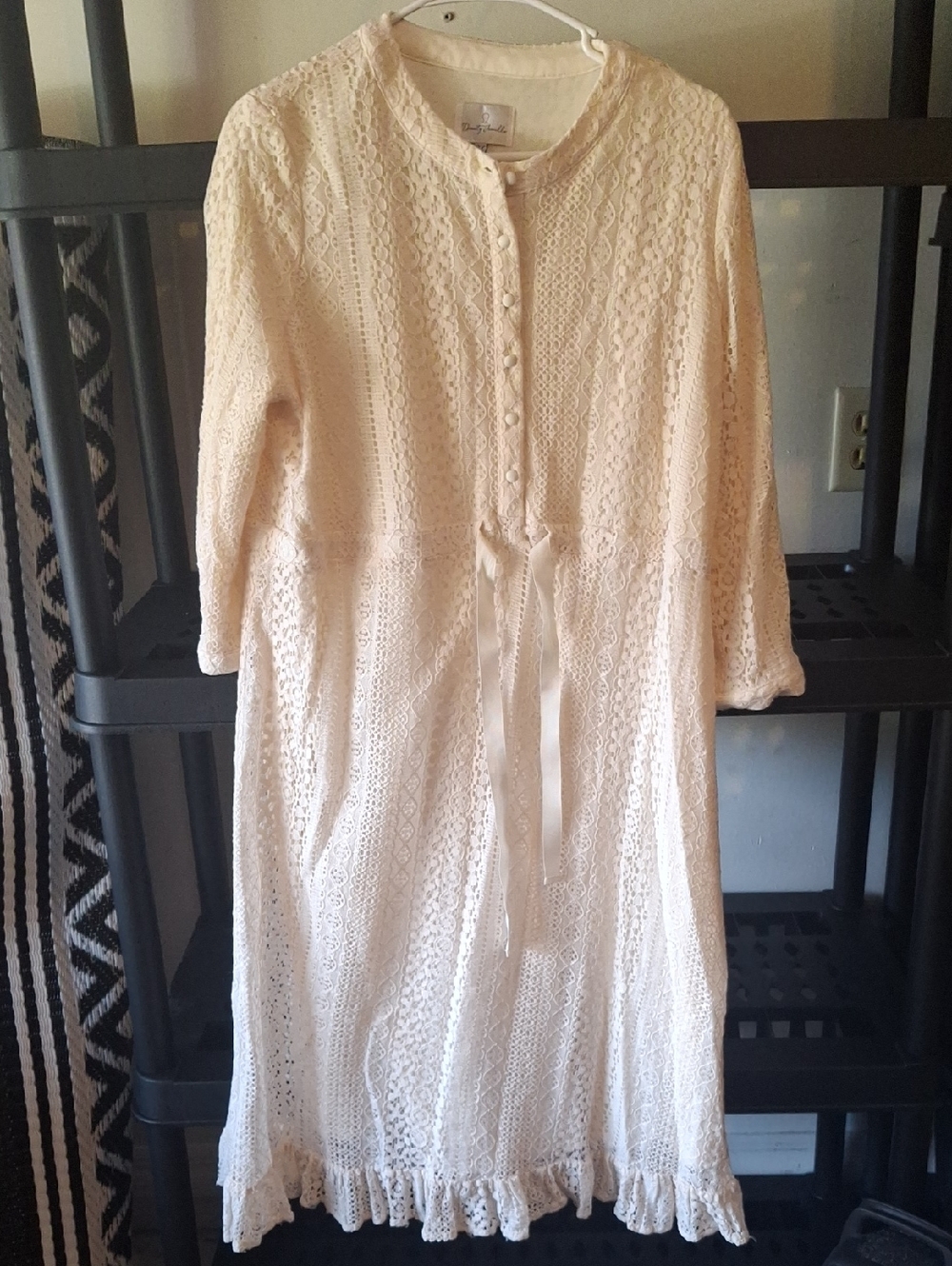 Dainty Jewells Cream Crochet Lace Long Sleeve Midi Dress with Ribbon Tie